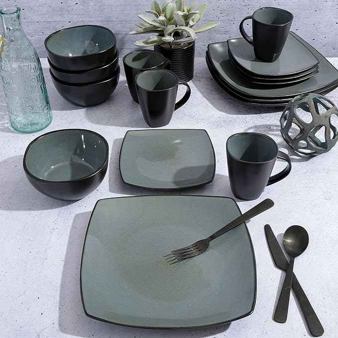 Gibson Elite Soho Lounge Square Reactive Glaze Stoneware Dinnerware Set, Service for 4 (16pc), Eclipse