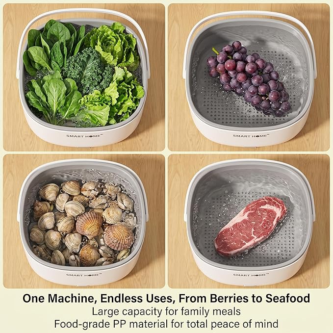 Ultrasonic Produce and Berry Washer, Gentle Fruit Vegetable Cleaner for Fragile Berries and Salads, 2-Tier Drain Basket, Battery Operated Countertop Device