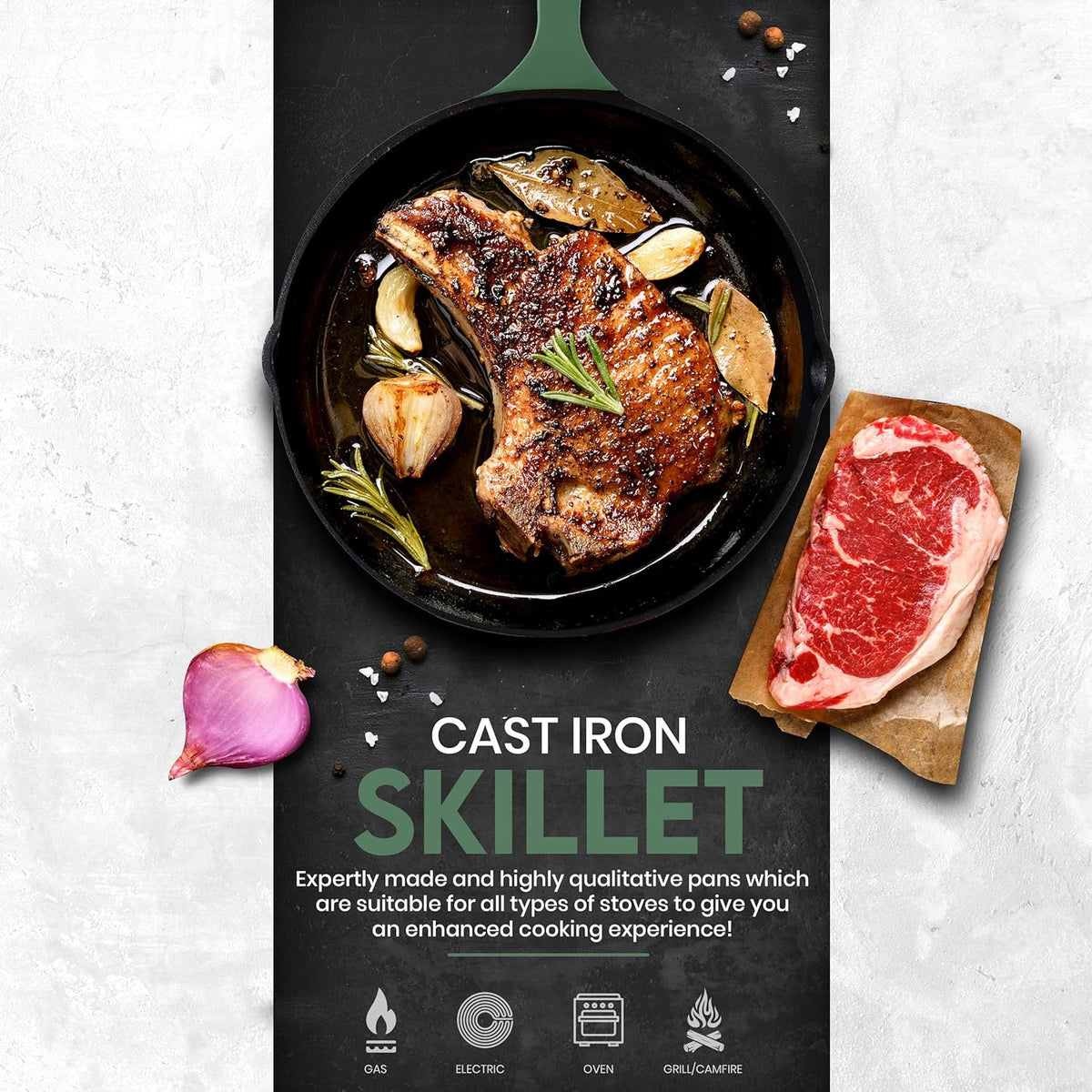 Utopia Kitchen Cast iron Skillets 3 Piece Set, Chefs Pan, Pre Seasoned Cast iron Skillets, 6, 8 & 10 Inches, Easy Use in the Oven, Stove, Grill, or Campfire, Green