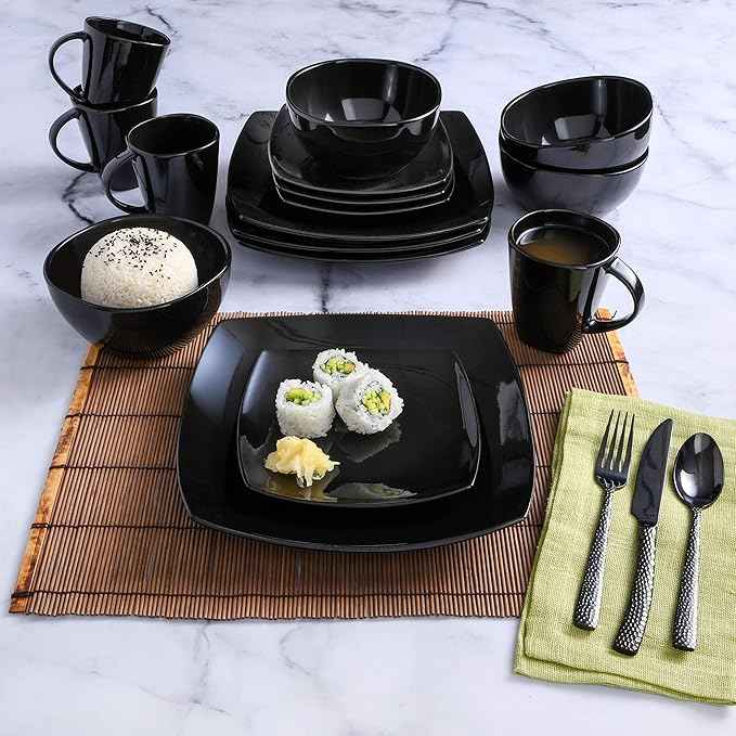 Gibson Elite Soho Lounge Square Reactive Glaze Stoneware Dinnerware Set, Service for 4 (16pc), Black