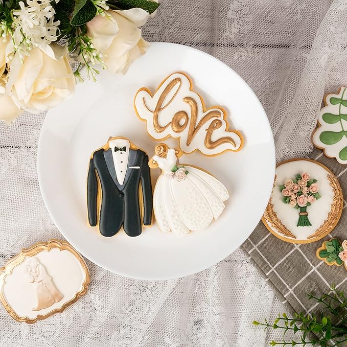 Flycalf Wedding Cookie Cutter Tuxedo with Plunger Stamps Handle PLA Cake Baking Accessories 3.5" Cutter Molds Gifts for Kids Decorative Party Kitchen