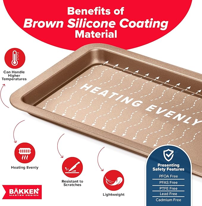 BAKKEN Kitchen Baking Pans - Nonstick Brown Coating, 13.18’’ × 8.66’’ Commercial Grade Carbon Steel Cookie Sheet, Baking Kitchen Essentials, PFOA, PFOS, PTFE Free, Oven Safe Tray (450° F), Brown