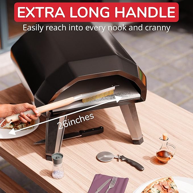 Senwosa 26” Pizza Oven Brush with Stone Scraper - Heat Resistant Stainless Steel Bristles, Extra Long Handle - Compatible with Ooni, Gozney & Similar Ovens - Includes Spare Head