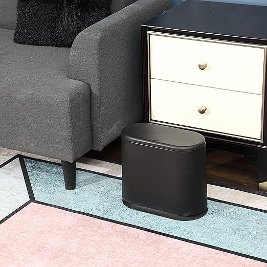12L Black Slim Bathroom Trash Can with Press Top Lid,3.17 Gallon Pet/Dog Proof Kitchen Trash Can,Thin Garbage Can,Covered Wastebasket,Narrow Small Plastic Trashcan for Craft Room,Bedroom,Office,Dorm