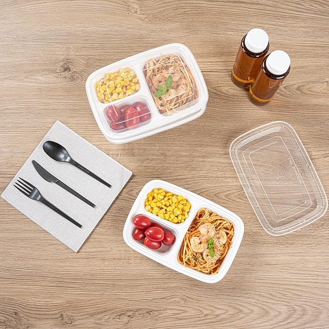 Asporto 26 Ounce Compartment Take Out Boxes, 50 Microwavable Meal Prep Containers - 3 Compartments, With Clear Plastic Lids, White Plastic Food Containers, Do Not Contain BPA - Restaurantware