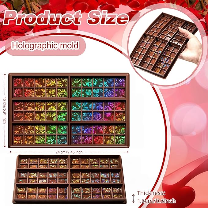 Ziliny Rose Holographic Chocolate Bar Mold Silicone, Rainbow Light Effect Chocolate Bar Deep Thick Molds for DIY Candy Dessert Baking, Candy, Wax Melts, Cake Decoration (Square)
