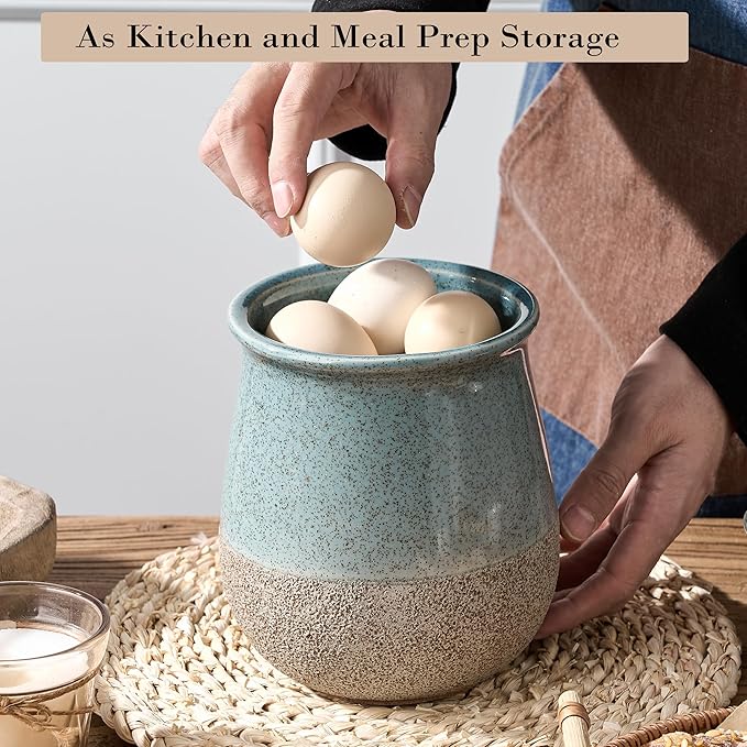 Utensil Holder for Kitchen Counter, Modern Farmhouse Cooking Utensil Holder and Crock Home Kitchen Decor, Ceramic Utensil Organizer for Spatula, Ladle, Eggbeater, Rolling Pin- Blue and Brown