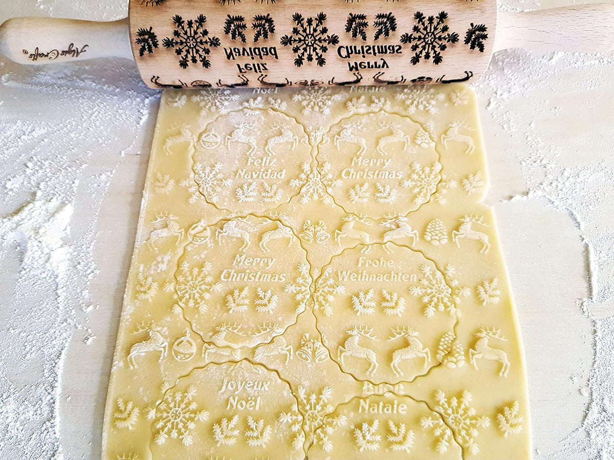 Embossing Rolling Pin for Christmas Cookies, Gingerbread, Shortbread by Algis Crafts (Merry Christmas)