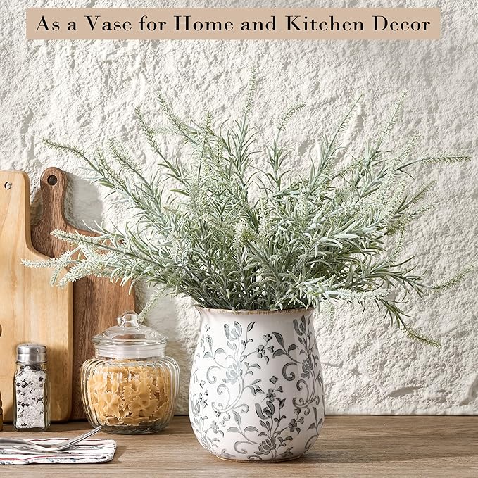 Utensil Holder for Kitchen Counter, Modern Farmhouse Cooking Utensil Holder and Crock Home Kitchen Decor, Ceramic Utensil Organizer for Spatula, Ladle, Eggbeater, Rolling Pin- Gray Flower Patterns