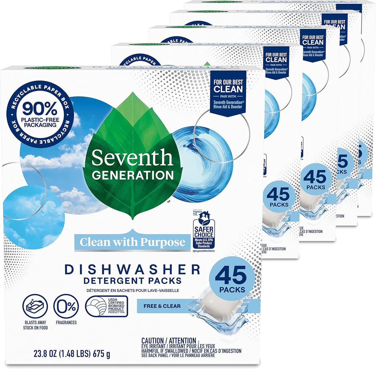 Seventh Generation Dishwasher Detergent Packs Free & Clear Pack of 5 for sparkling dishes Dishwasher tabs 45 count