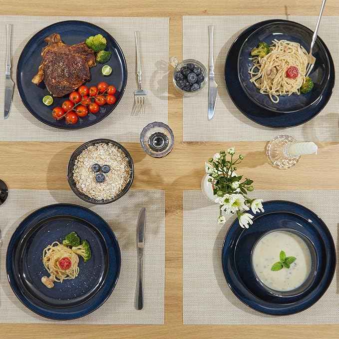 24 Piece Ceramic Dinnerware Sets for 8, Starry Blue Reactive Glaze | Unique Coastal Edge for Holiday Gatherings, Thanksgiving, Dinner Parties | Microwave & Dishwasher Safe Stoneware Dish Set