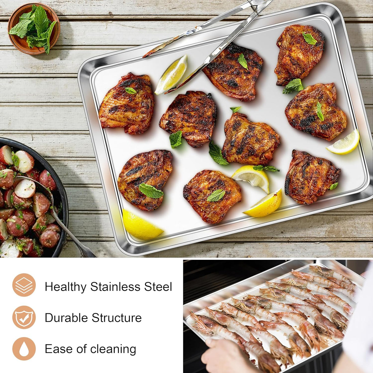 E-far Baking Sheets Set of 3, 16” x12” x 1” Stainless Steel Cookie Sheets Pans for Oven, Non-toxic Metal Trays for Baking Cake Cookie, Healthy & Rust Free, Mirror Finish & Dishwasher Safe