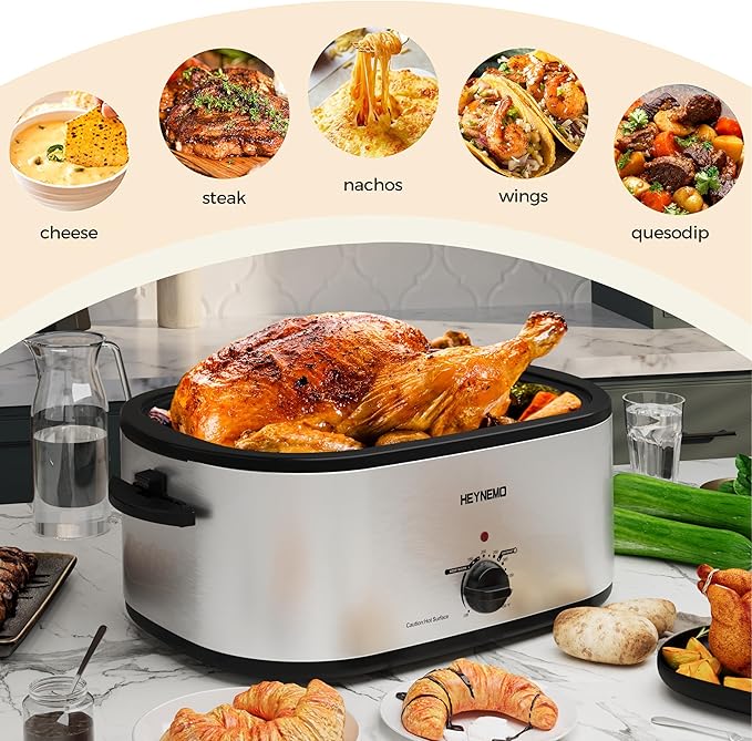 Roaster Oven 22Qt, Turkey Electric Roaster Oven Buffet with Self-Basting Lid, Removable Pan, Cool-Touch Handles, Stainless Steel, Silver