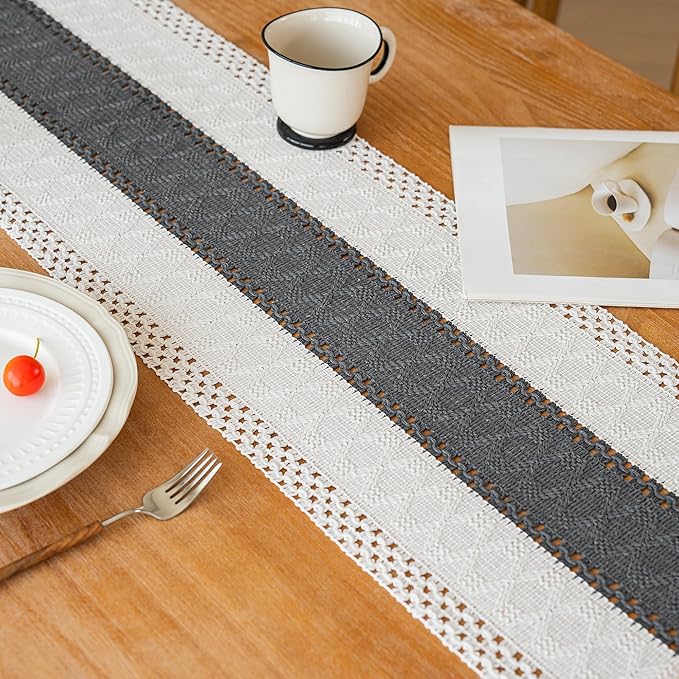 FEXIA Boho Table Runner for Home Decor with Tassels 108 Inches Long,Grey Farmhouse Rustic Table Runner Macrame Burlap Table Decoration for Living Room Bridal Shower(12x108 Inches)