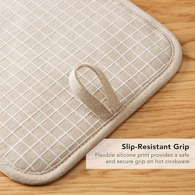 KITCHENAID Gourmet Series Gridlines Pot Holders 2-Pack Set, Heat Resistant up to 600°F, Soft Silicone Grip, Magnetic Cuff, Milkshake Tan, 8"x8"