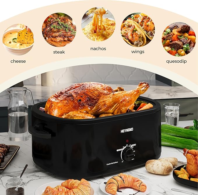 28 Quart Electric Roaster Oven with Visible & Self-Basting Lid, Large Turkey Roaster with Defrost Warm Function, Adjustable Temperature, Removable Pan Rack, Stainless Steel, Black