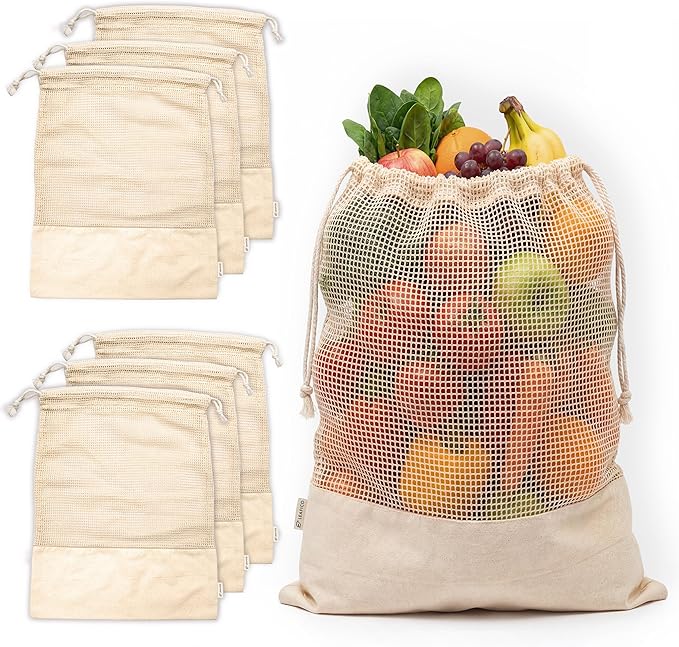 LEAFICO Reusable Produce Bags – 100% Cotton Mesh & Solid Hybrid (Medium 10x12 inch 6 Pcs) – Reusable Grocery Bags for Apples, Carrots, Bulk Vegetables – Washable, Plastic-Free, Breathable, Zero Waste