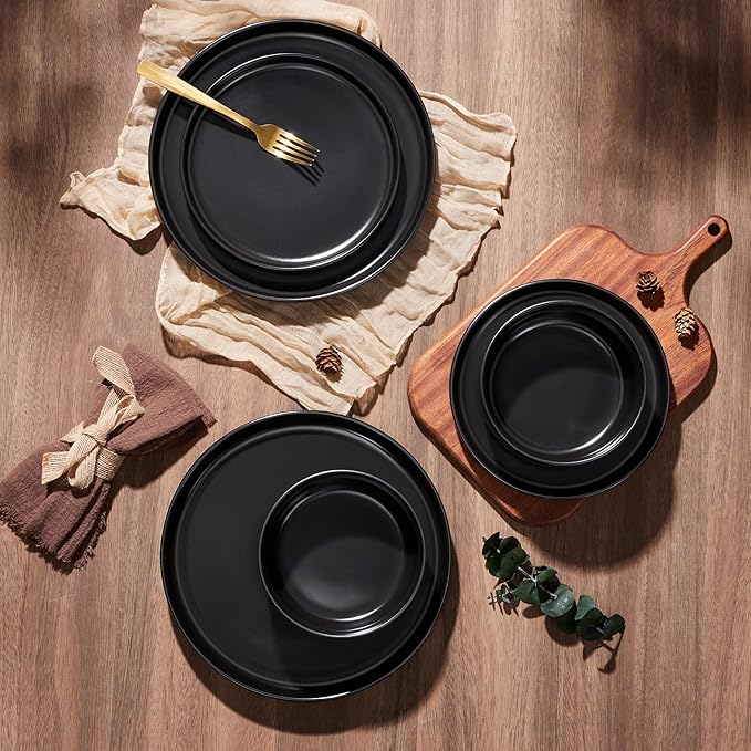 E-far Stoneware Dinnerware Sets for 4, 12-Piece Plates and Bowls Set, Modern Ceramic Dishes Dinning Ware, Microwave & Dishwasher Safe - Matte Black