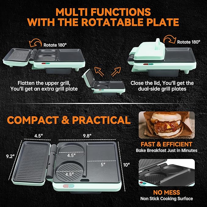 Baker's Friend Breakfast Sandwich Maker, Nonstick Electric Griddle & Grill Combo, 3 in 1 Breakfast Station, Make Egg Muffin Sandwiches Burgers Hot dogs & Pancakes, Includes Burger Press, Tong & Brush