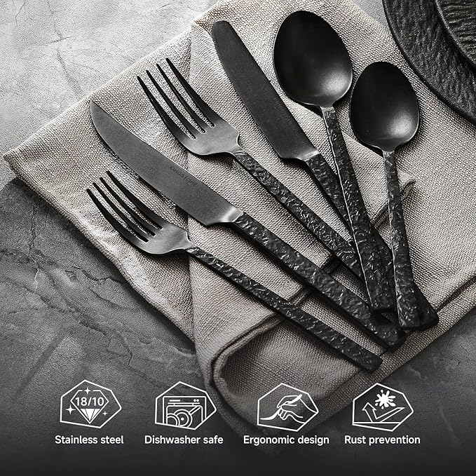 KINGSTONE 48 Pcs Black Hammered Silverware Set with Steak Knives for 8, 18/10 Stainless Steel Heavy Duty Flatware Set, Tableware Cutlery Utensil Sets for Home Restaurant Dishwasher Safe