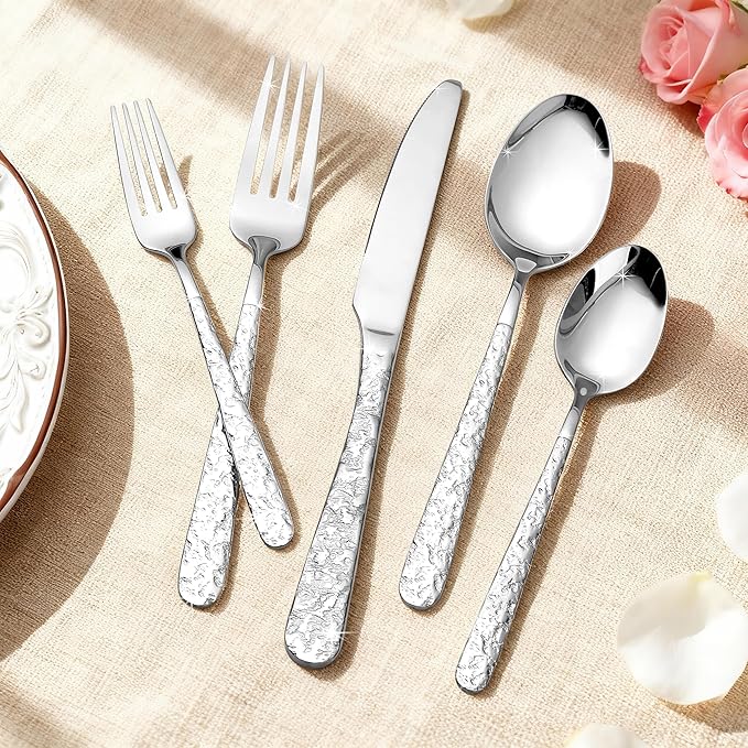 Elegant Dining Hosting Bundle: 4-Pack Vintage Floral Silver Serving Trays (11.4" x 7") & 20-Piece Hammered Silverware Set for 4, Premium Stainless Steel Party Platters and Lava Texture Cutlery Set