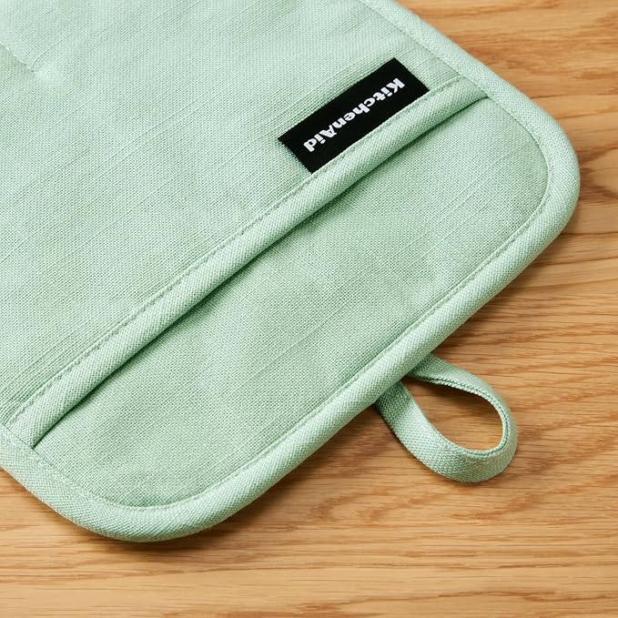 KITCHENAID Gourmet Series Gridlines Pot Holders 2-Pack Set, Heat Resistant up to 600°F, Soft Silicone Grip, Magnetic Cuff, Pistachio Green, 8"x8"