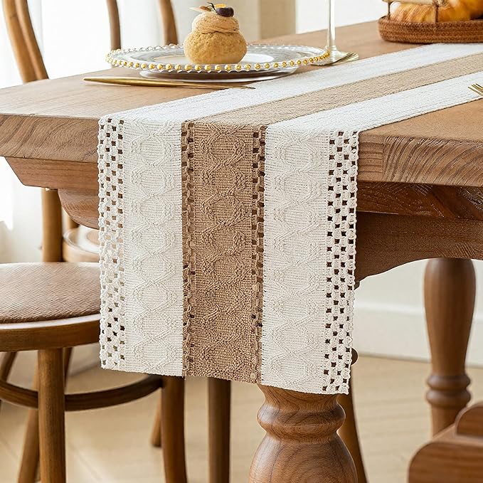 FEXIA Boho Table Runner for Home Decor with Out Tassels 90 Inches Long Farmhouse Rustic Table Runner Macrame Burlap Table Decoration for Living Room Bridal Shower(12x90 Inches)