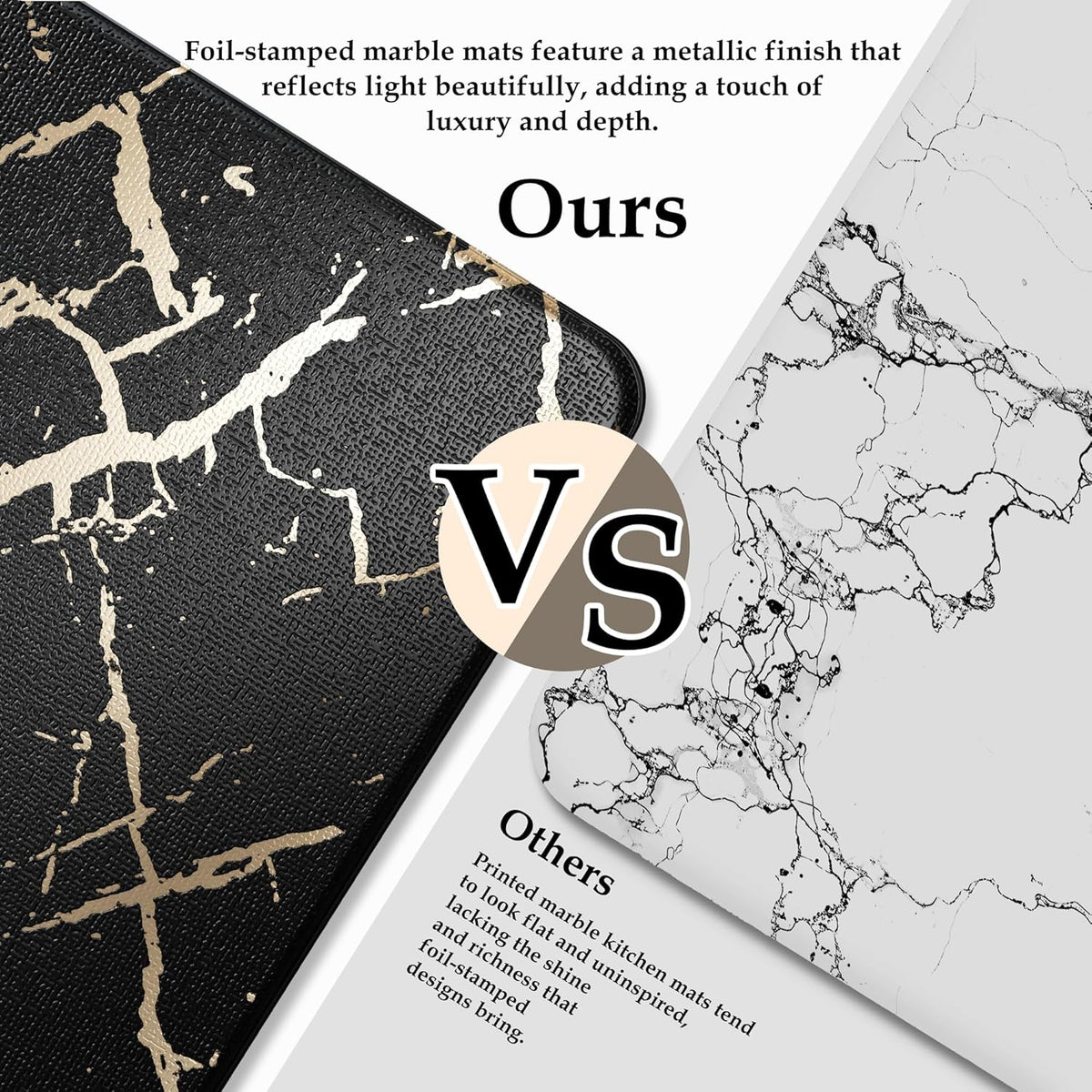 Gold Foil Stamped Marble Kitchen Mats for Floor 2PCS Cushioned Anti Fatigue Non Slip Waterproof Comfort Leather Kitchen Rugs 2/5 Inch PVC Kitchen Mats for Sink, Laundry, 17.3"x28"+17.3"x59", Black