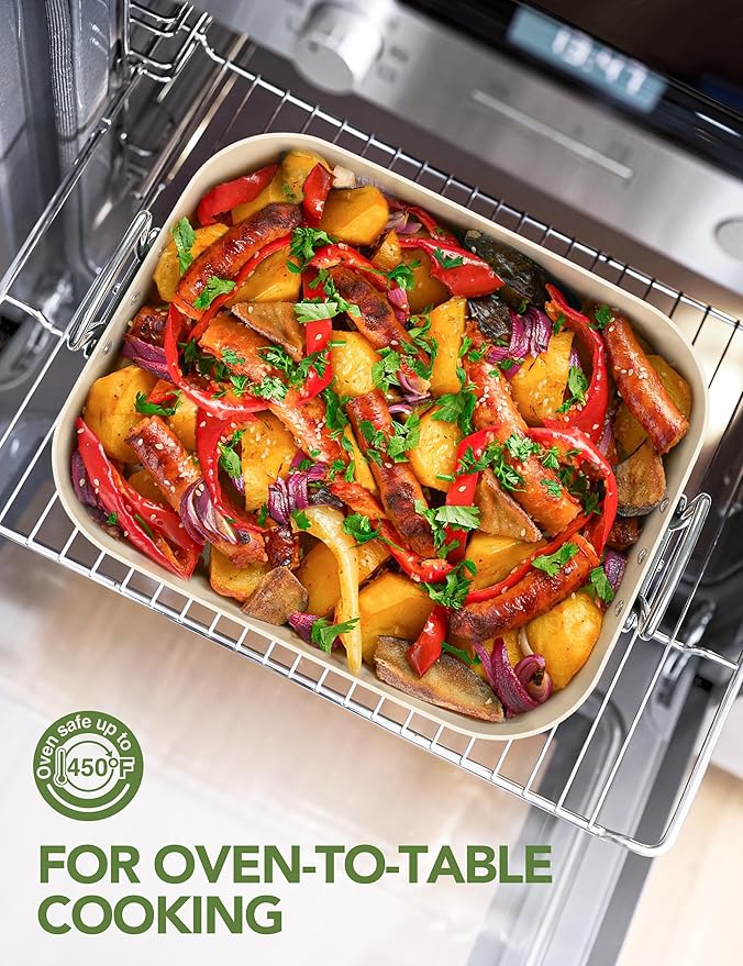 MICHELANGELO Nonstick Ceramic Roasting Pan with Rack, Turkey Roasting Pan with Ceramic Coating, Turkey Roaster Pan with Stainless Steel Rack, 15 Inch x 13 Inch - Green