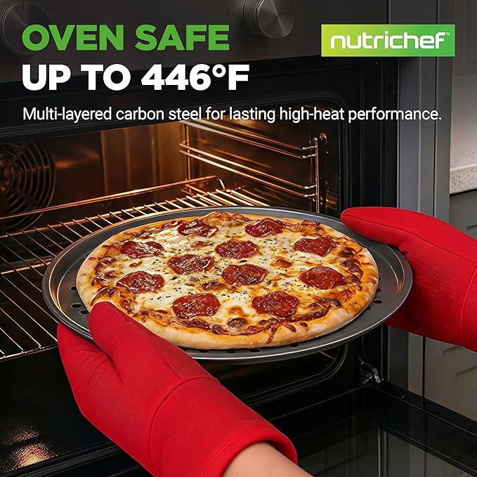 NutriChef 12.8 Inch Nonstick Pizza Pan for Oven - Carbon Steel Pizza Baking Tray with Airflow Holes - Premium Bakeware for Fresh & Frozen Pizza, Dishwasher Safe - Gray