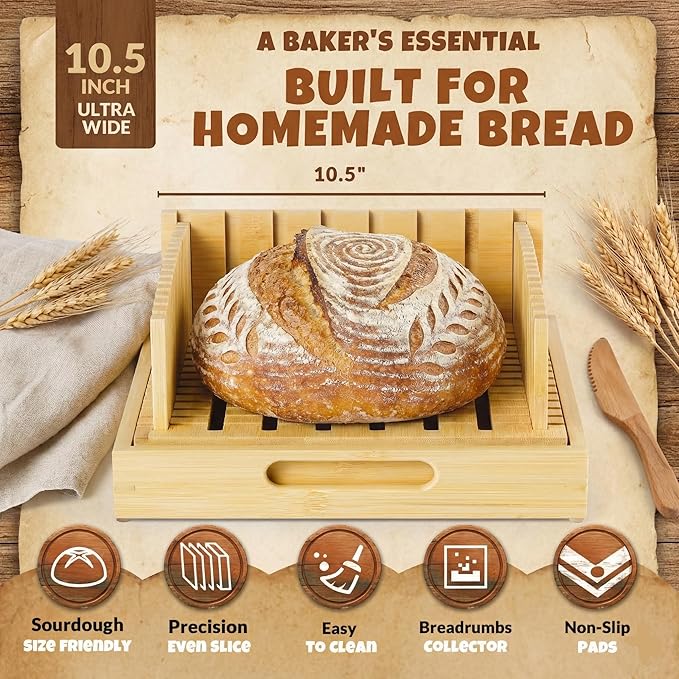 Stop Crushing Your Sourdough - 10.5" Extra Wide Bamboo Bread Slicer Guide with Crumb Catcher Board - Premium Wood Cutter & Serving Tray for Homemade Artisan Loaves, Kitchen Gadget Gifts for Bakers