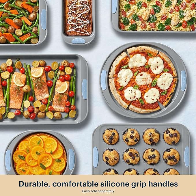 Pyrex (3-Piece) Metal Cookie & Muffin Sheet Bakeware Set, Lightweight Stainless Steel Baking Trays with Heatsafe Silicone Handles, Cookie Muffin Sheet Baking Pan, Cerulean