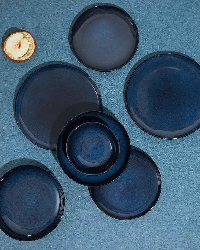 24 Piece Ceramic Dinnerware Sets for 8, Starry Blue Reactive Glaze | Unique Coastal Edge for Holiday Gatherings, Thanksgiving, Dinner Parties | Microwave & Dishwasher Safe Stoneware Dish Set