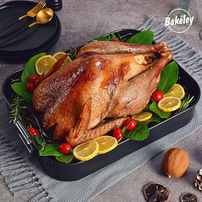 Roasting Pan, Nonstick Roaster Pan with Rack, Turkey Roasting Pan with V Rack, 17 Inch x 13 Inch, Black