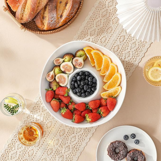 MALACASA Ceramic Chips and Dip Serving Tray, 12 Inch Large Divided Bowls Set for Salsa, Veggies & Dip, Appetizers, Snacks, Free-Form Serving Dish Platter for Parties Hosting & Entertaining, White