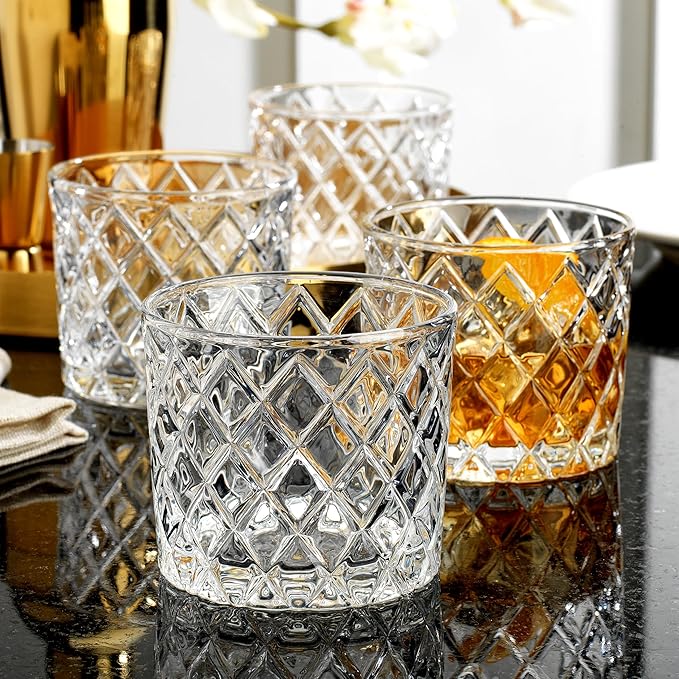 Glaver's Whiskey Glasses Set of 4. 10oz. Double Old Fashioned Glass for Cocktail Bourbon Rock Glasses,Bar Glass for Scotch Tequlia Rum. Diamond Cut. Gift for him
