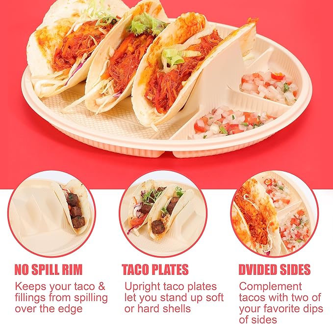 LUVCOSY 10'' Large Disposable Taco Plates, 3-Taco & 4-Sides, Biodegradable Cornstarch Taco Holder, Big Size Fit Soft & Hard Tortilla, Sturdy & Microwave Safe, Bar Serving Set For A Party- 40 Pack