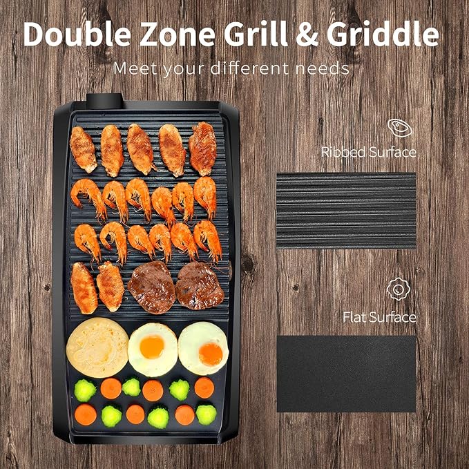Health and Home 2-in-1 Nonstick Indoor Smokeless Electric Griddle ,21 Inch Extra Large Surface With Slide-Out Drip Tray Oil Collection ,Adjustable 5-Level Thermostat,Family Size Electric Griddle