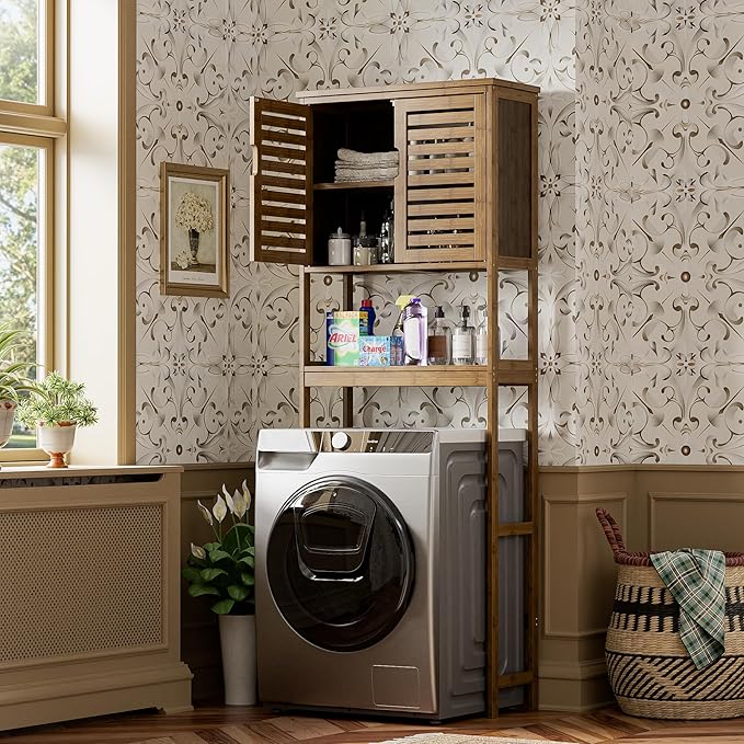 SMIBUY Bathroom Storage Shelf with Cabinet, Bamboo Over-The-Toilet Organizer Rack, Freestanding Toilet Space Saver with 3-Tier Adjustable Shelves (Walnut)