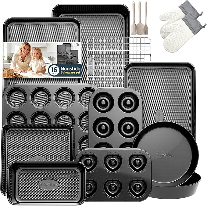 16-Piece Nonstick Bakeware Set with Oven Mitts, Donut Pan, and Heart Pan, Stackable Carbon Steel Baking Pans Set with Kitchen Utensils and Rack, Ceramic Coating, Black