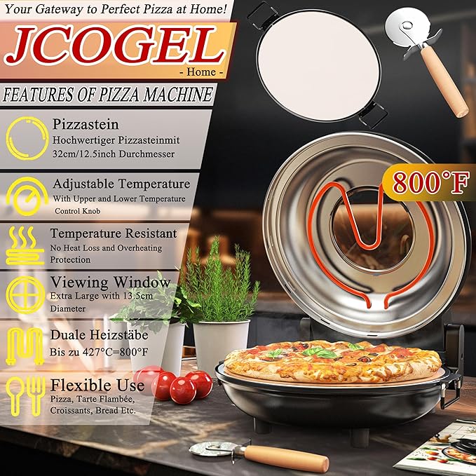 Pizza Oven 12 Inch Electric Pizza Oven Indoor, 1200W Portable Countertop Pizza Maker with Viewing Window, Heats Up To 800°F, Pizza Maker Machine for Home