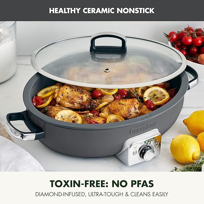 GreenPan Elite 5.5QT Electric Oval Skillet, PFAS-Free Ceramic Nonstick, 1800 Watt, Dishwasher Safe Lid & Removable Crock, Adjustable Temp Control, Multi-Cooker, Sear, Sauté, Rice, Stir-Fry, Black