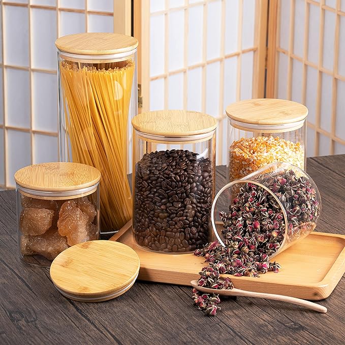 YUNCANG Glass Storage Jars [Set of 5],Clear Glass Food Storage Containers with Airtight Bamboo Lid Stackable Kitchen Canisters for Candy,Cookie,Rice,Sugar,Flour,Pasta,Nuts and Spice Jars(Square)