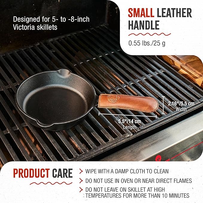 Victoria Leather Handle Cover for Cast Iron Skillets, Heat-Resistant Pan Handle Sleeve, Handmade in Colombia, Small