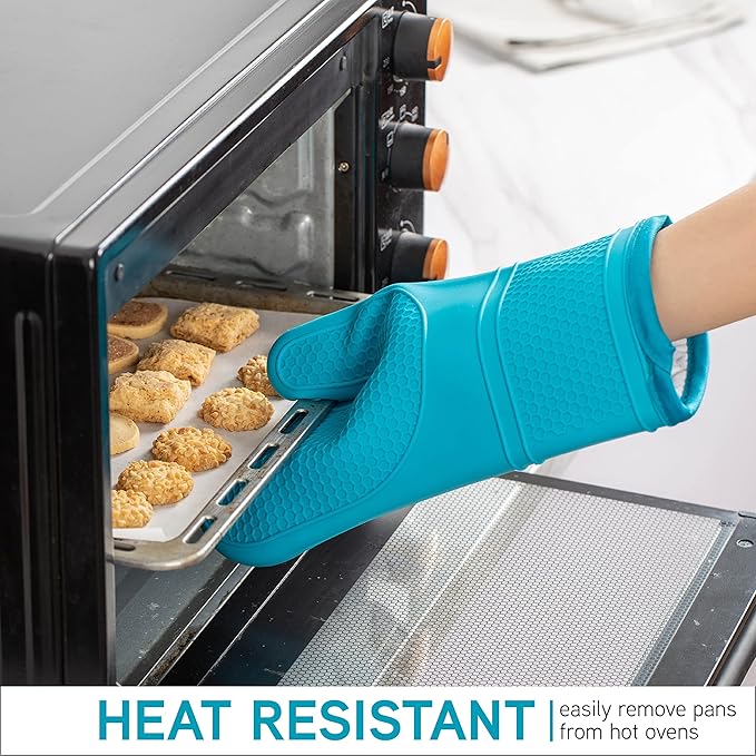 COOK WITH COLOR Silicone Oven Mitts- Heat Resistant Gloves with Soft Quilted Lining Oven Mitt Pot Holders for Cooking and BBQ, Teal, Mitt Set