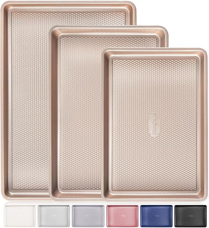 HONGBAKE Baking Sheet Pan Set of 3, Cookie Sheets for Oven, Nonstick Half/Quarter/Jelly Roll Pans with Diamond Texture Pattern, 0.8mm Thick Heavy Duty Cookie Tray, Champagne Gold
