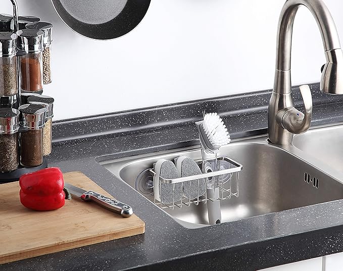 SunnyPoint NeverRust Deluxe Kitchen & Bathroom Sink Sponge Holder Organizer with Adhesive Mount - Additional Suction Cup Included – Sponge & Brush NOT Included – 7.4 x 3.3 x 2.75 Inch (Pack of 2)