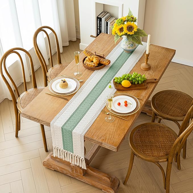 FEXIA Boho Table Runner for Home Decor with Tassels 60 Inches Long,Sage Green Farmhouse Rustic Table Runner Macrame Burlap Table Decoration for Living Room Bridal Shower(12x60 Inches)