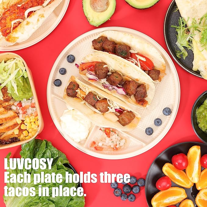 LUVCOSY 10'' Large Disposable Taco Plates, 3-Taco & 4-Sides, Biodegradable Cornstarch Taco Holder, Big Size Fit Soft & Hard Tortilla, Sturdy & Microwave Safe, Bar Serving Set For A Party- 40 Pack