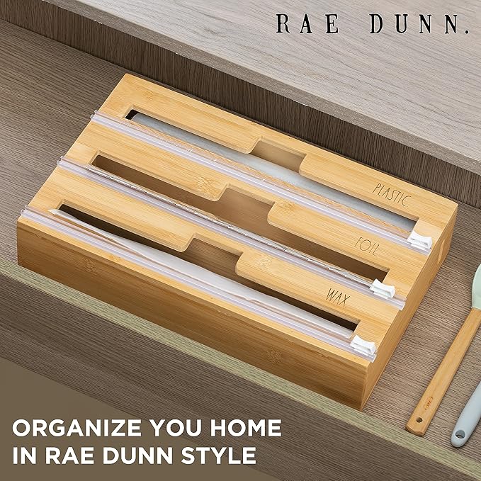 Rae Dunn Bamboo Bag Organizer for Kitchen Drawer - Durable Wood Organizer for Kitchen Storage - Holds Gallon, Quart, Snack, Sandwich Size Baggies, Plastic Wrap and Foil